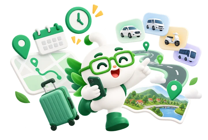 Vii mascot setting out with a suitcase, calendar, map and vehicles