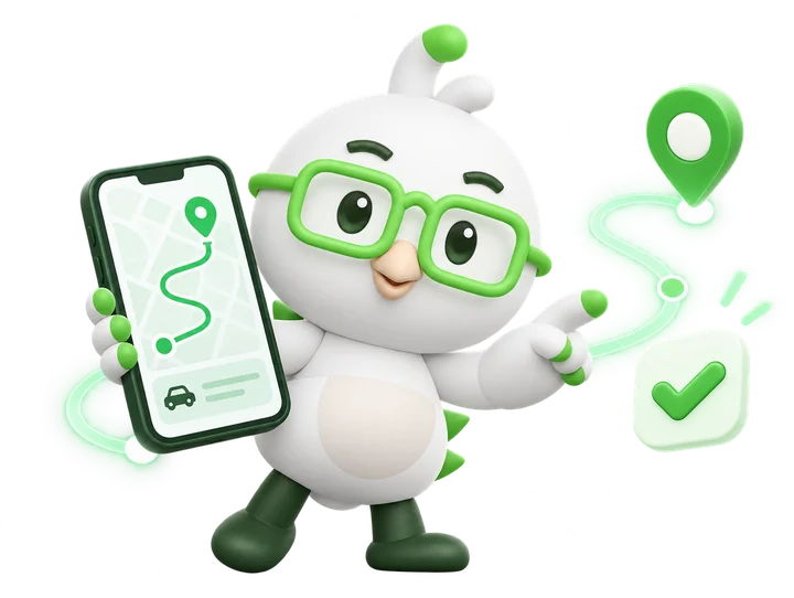 Vii mascot holding a phone with a route and a confirmation tick