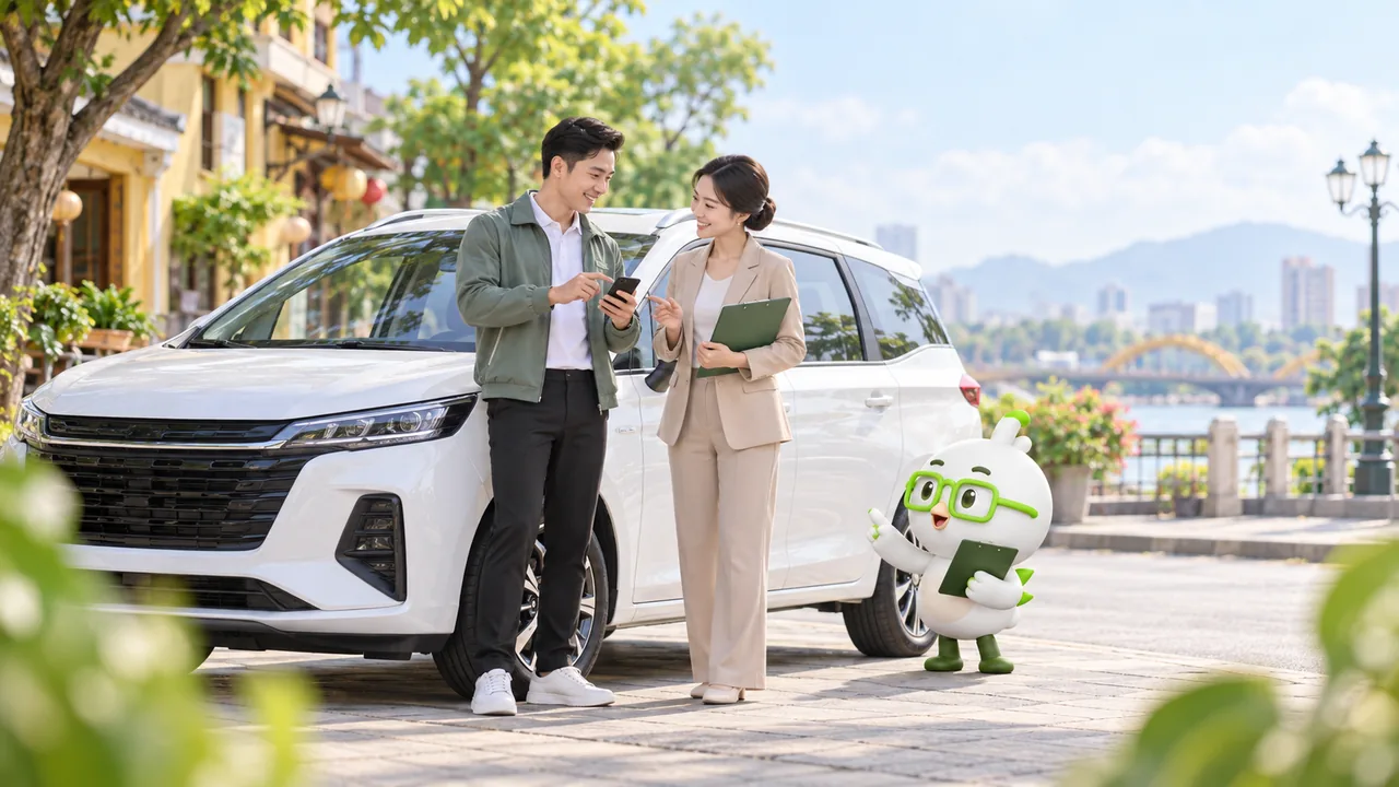 Hai người trao đổi bên chiếc xe trắng trên phố ven sông, cạnh linh vật Vii